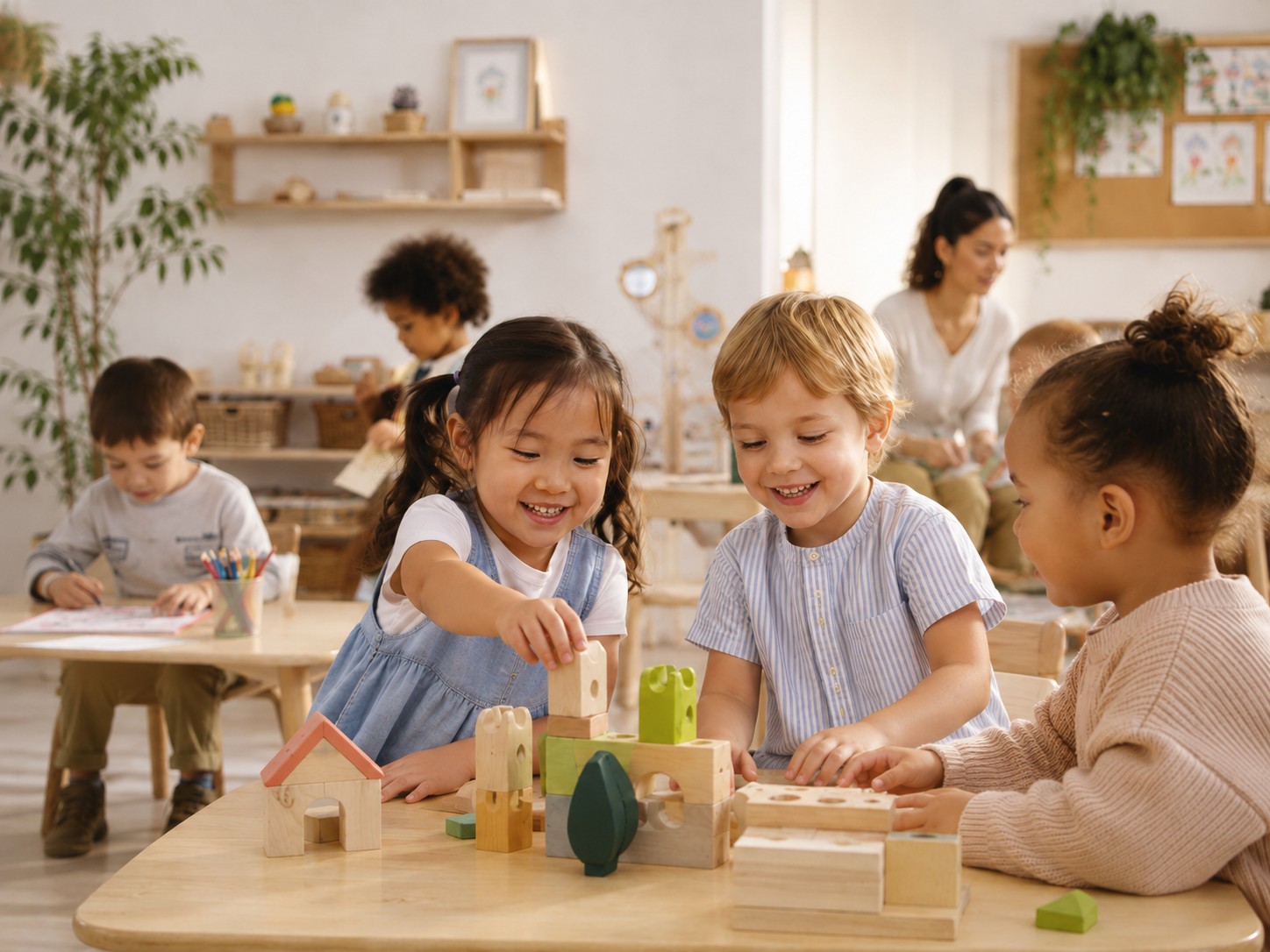Children playing together with wooden building blocks in a bright, warm daycare classroom